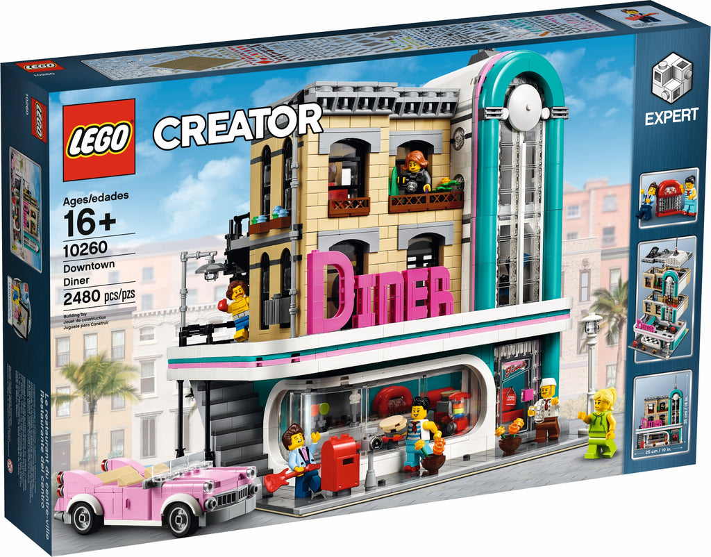 LEGO Creator Downtown Diner set packaging with colorful graphics and toy figures.