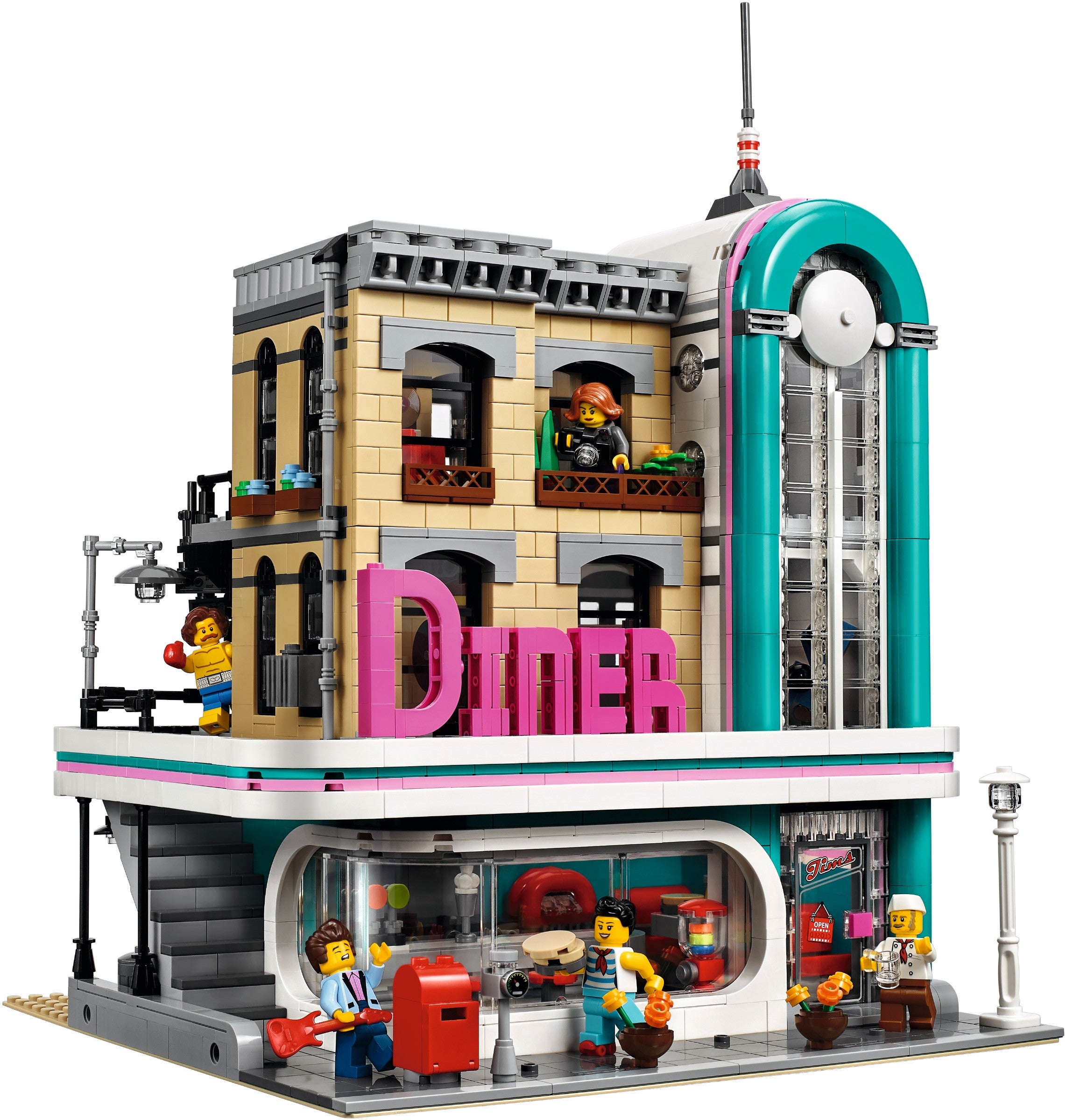 LEGO model of a diner with various elements and figures on a white background