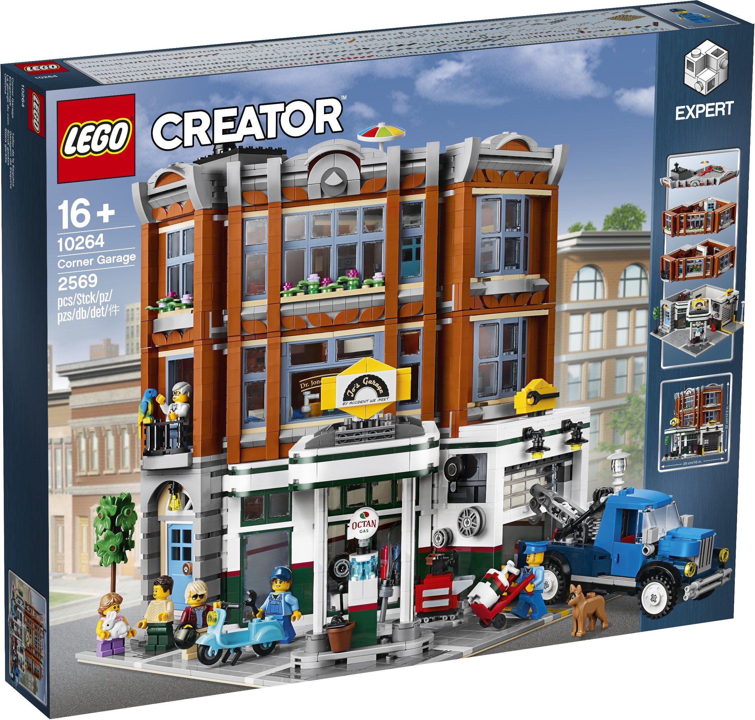 LEGO Creator Corner Garage set packaging with toy figures and vehicles on a city street background.