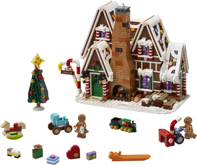 LEGO gingerbread house set with various gingerbread people and accessories on a white background
