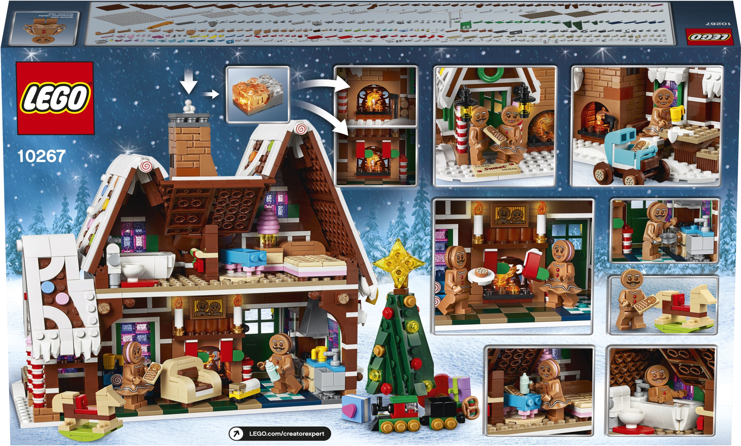 LEGO Christmas cabin set packaging with multiple views of the model.