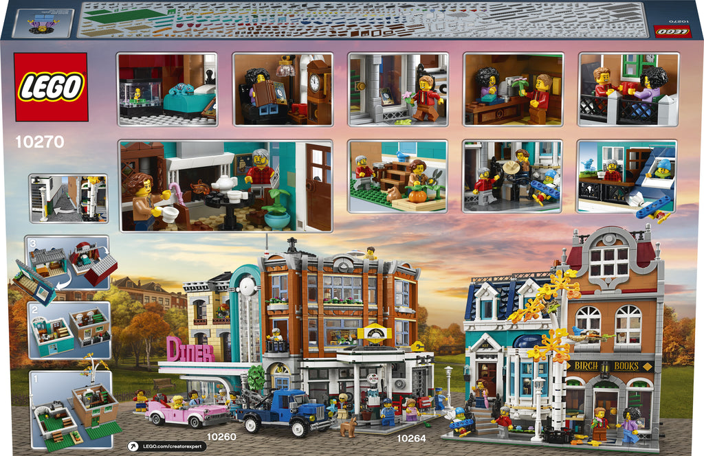 LEGO set packaging with various scenes and a diner model.