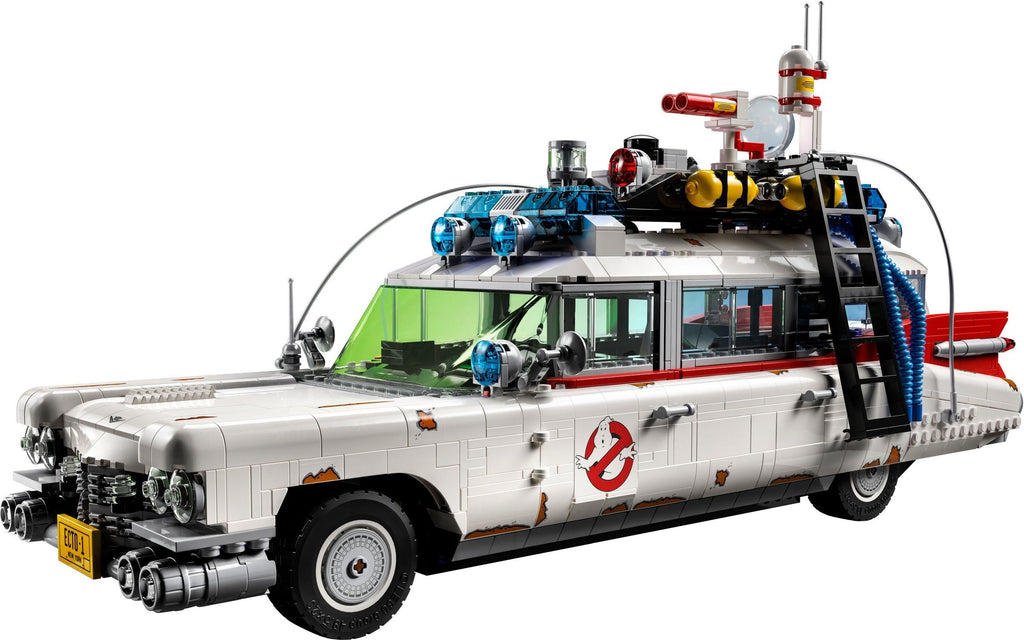 LEGO model of a classic car with a ghostbusters theme on a white background