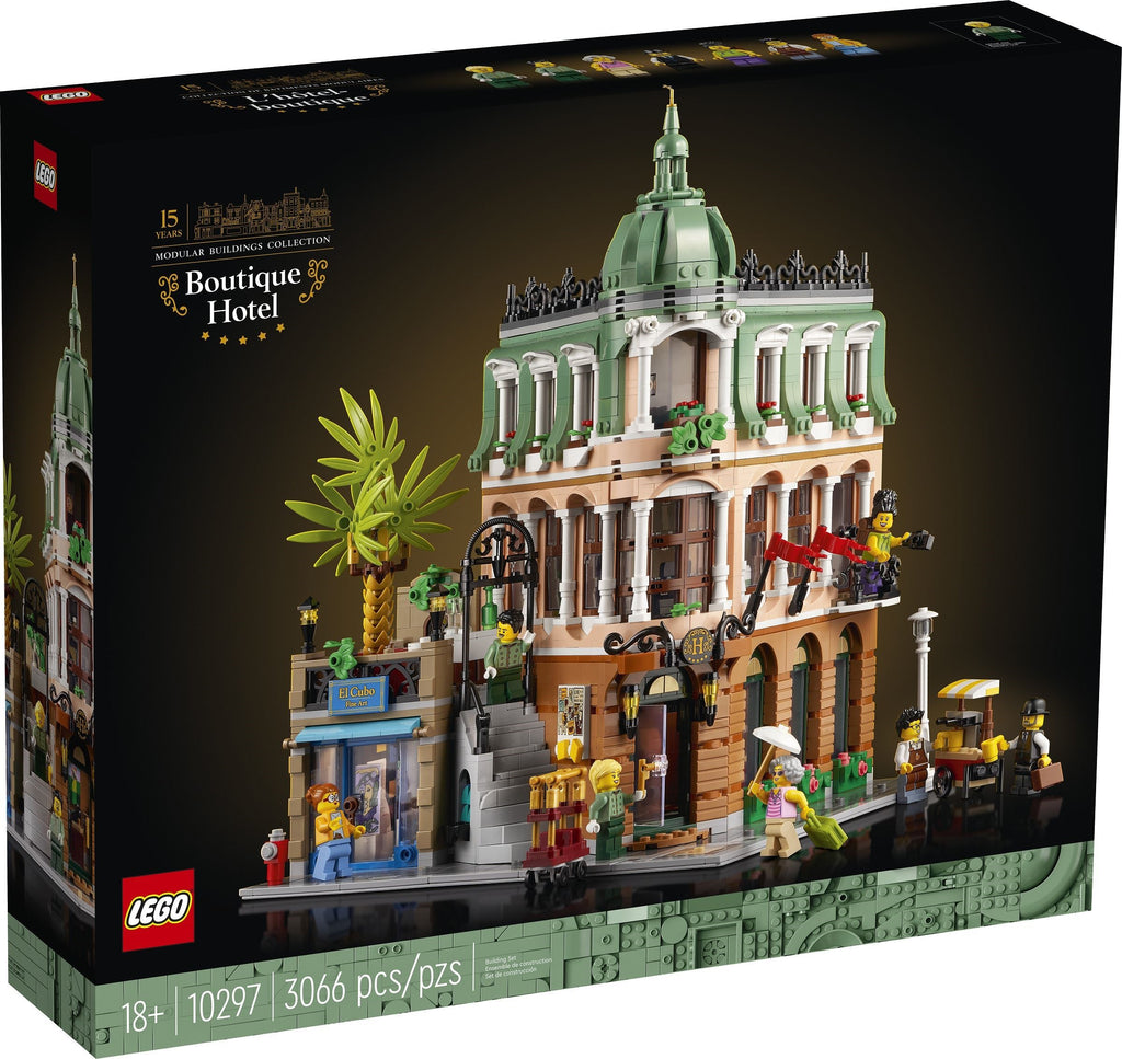 LEGO Boutique Hotel set packaging with detailed building model on a dark background