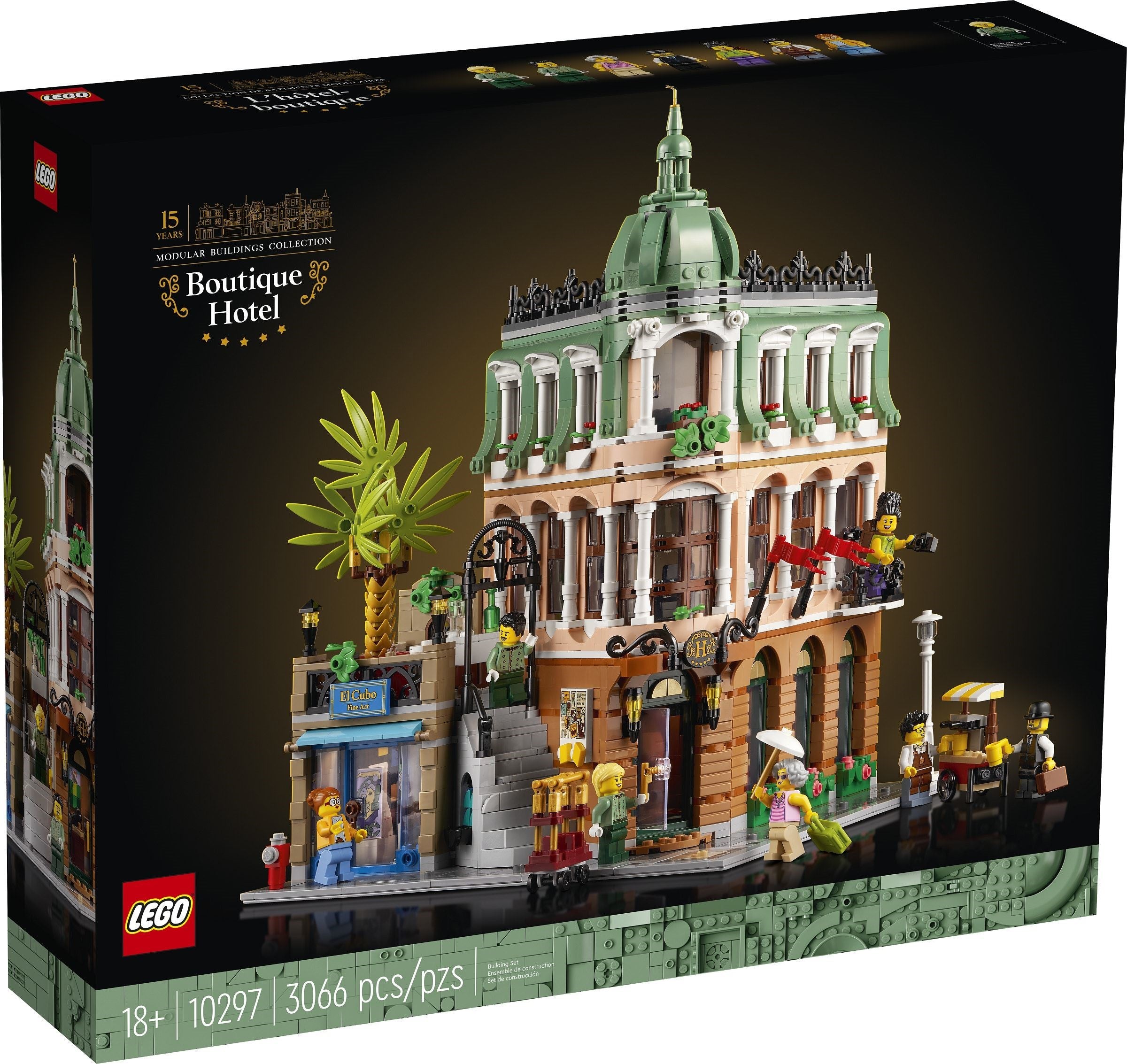 LEGO Boutique Hotel set packaging with detailed building model on a dark background
