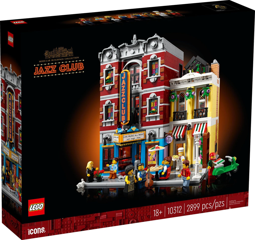 LEGO Jazz Club set packaging with people figures on a black background
