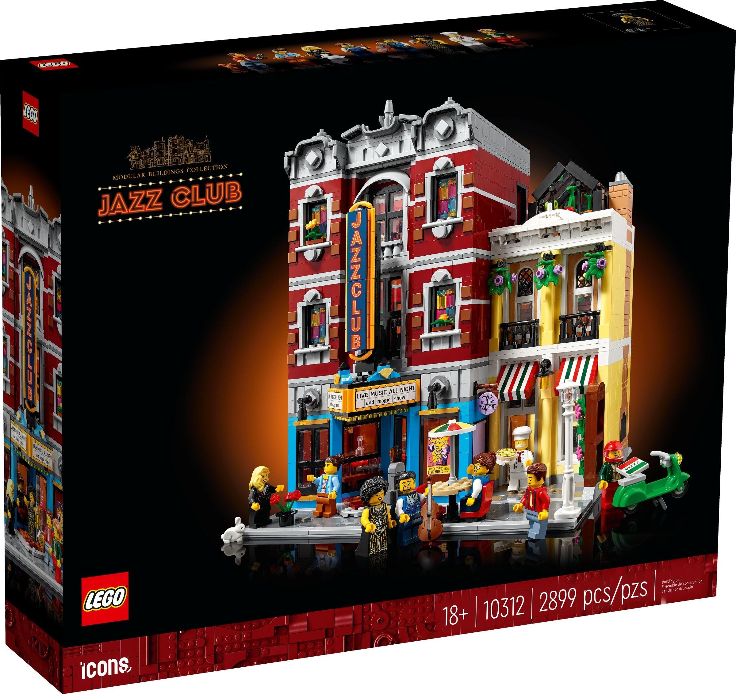 LEGO Jazz Club set packaging with people figures on a black background