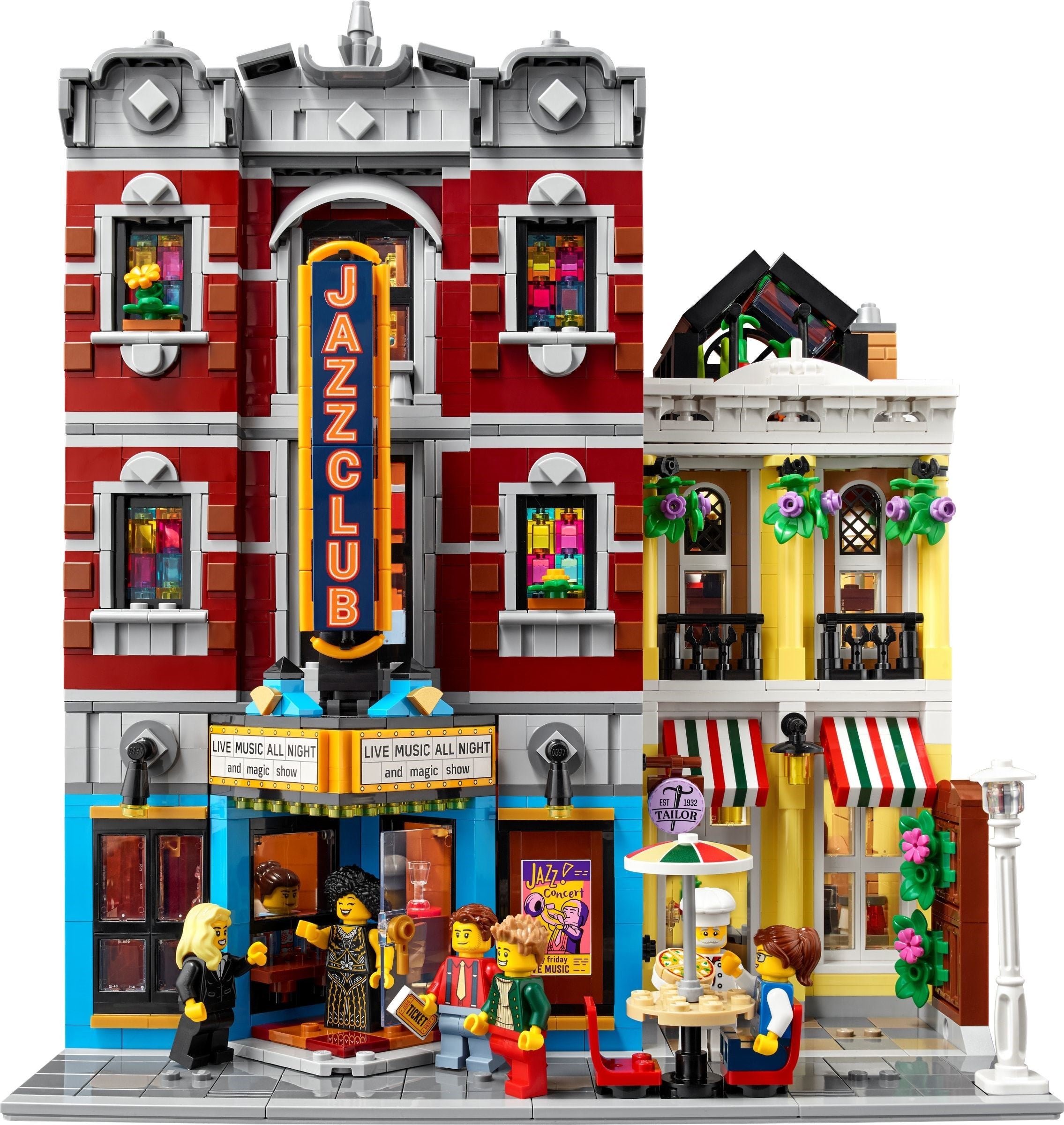 LEGO model of a jazz club with people and a carousel.