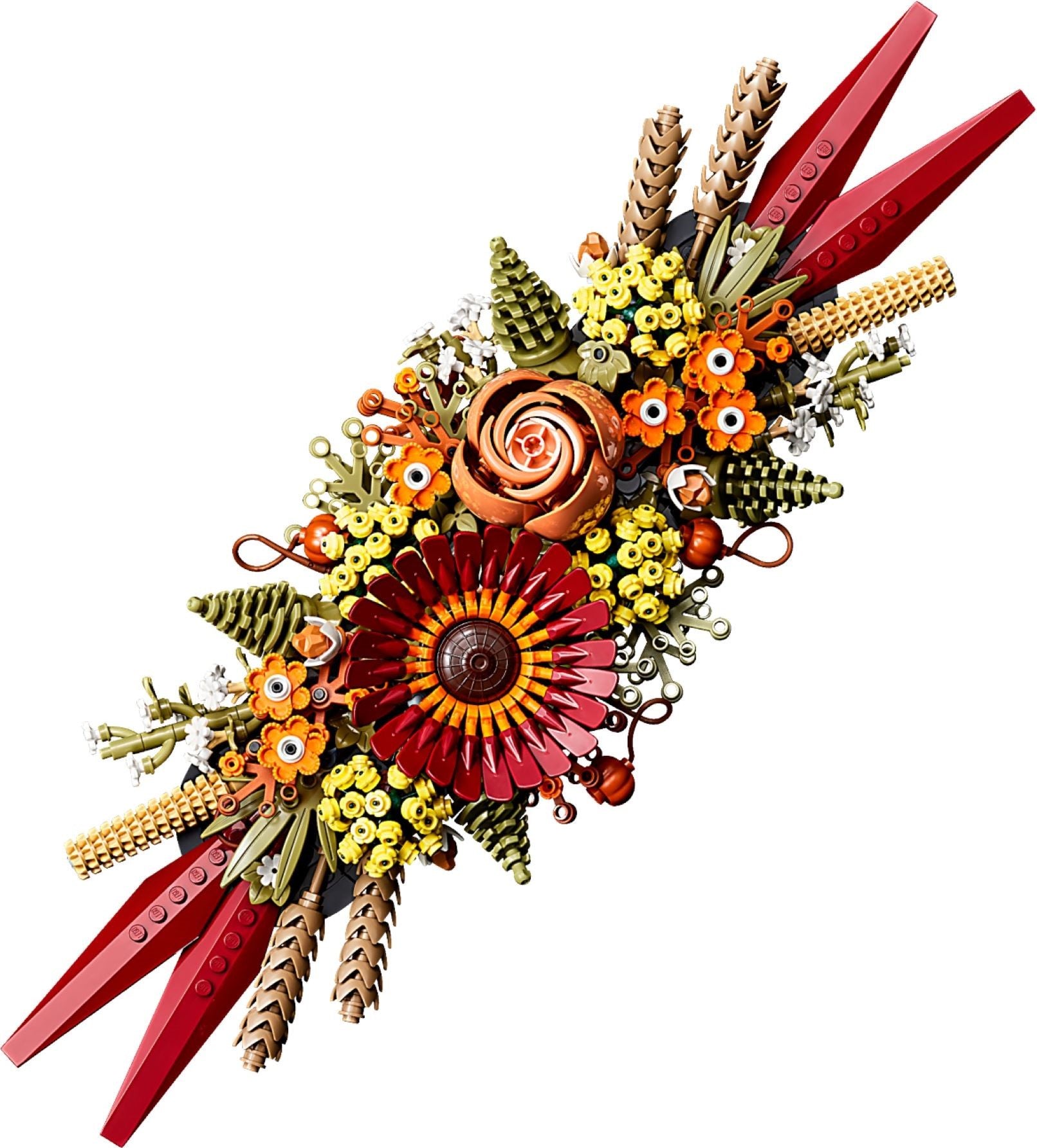 Colorful floral arrangement with red accents on a white background