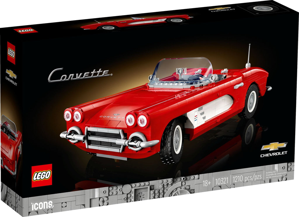 LEGO Corvette set packaging with red car on a black background