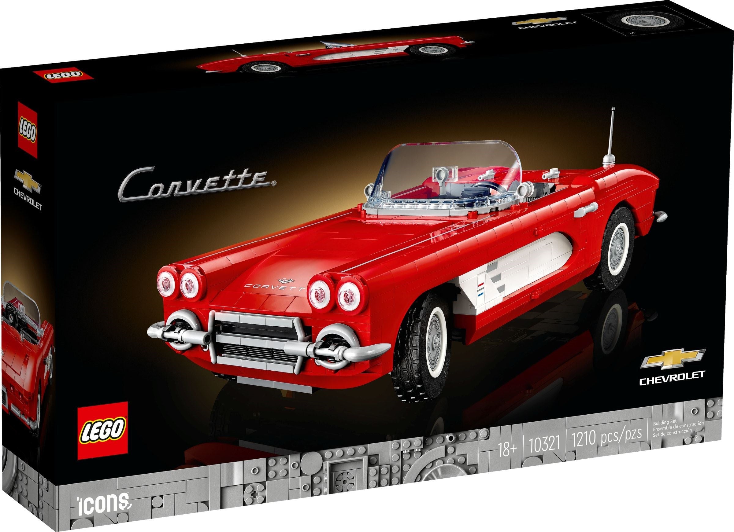 LEGO Corvette set packaging with red car on a black background
