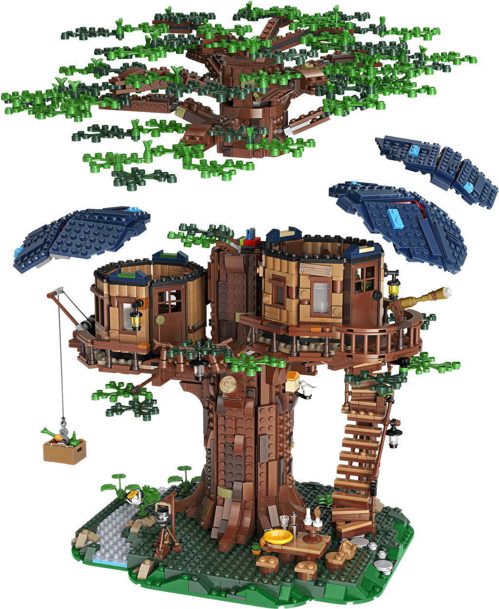 Toy treehouse set with detachable parts on a white background