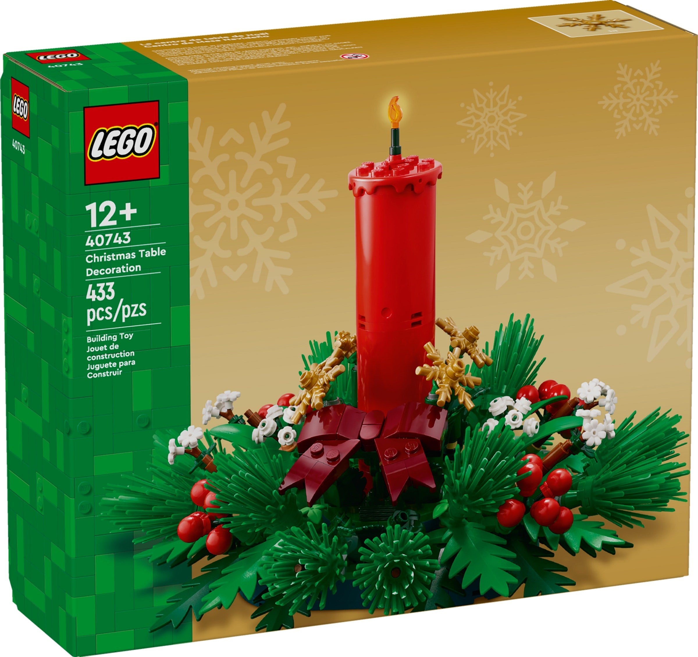 LEGO Christmas table decoration set packaging with red candle and greenery.