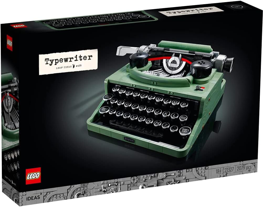 LEGO Typewriter set packaging with green typewriter on a black background
